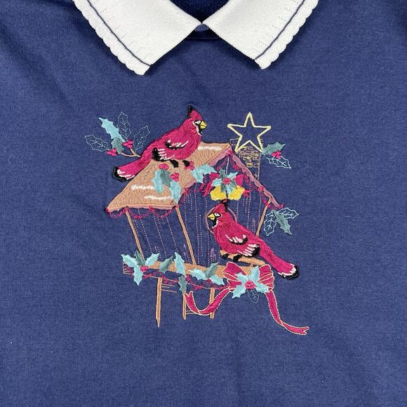 Vintage Grandma Sweater Womens Large Blue Cardinal Bird House Embroidered Collar - Picture 4 of 16